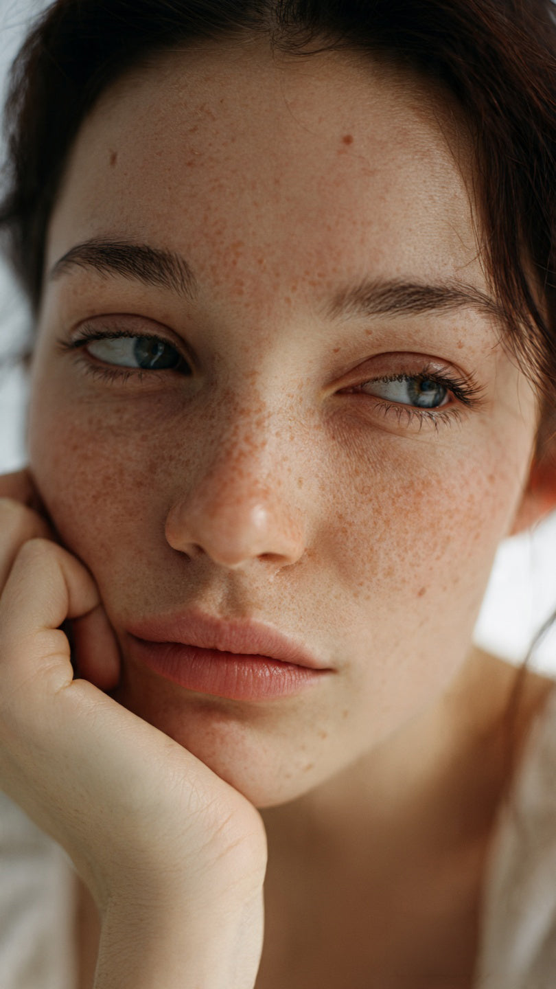 Close-up of a woman with tired-looking skin and visible freckles resting her face on her hand