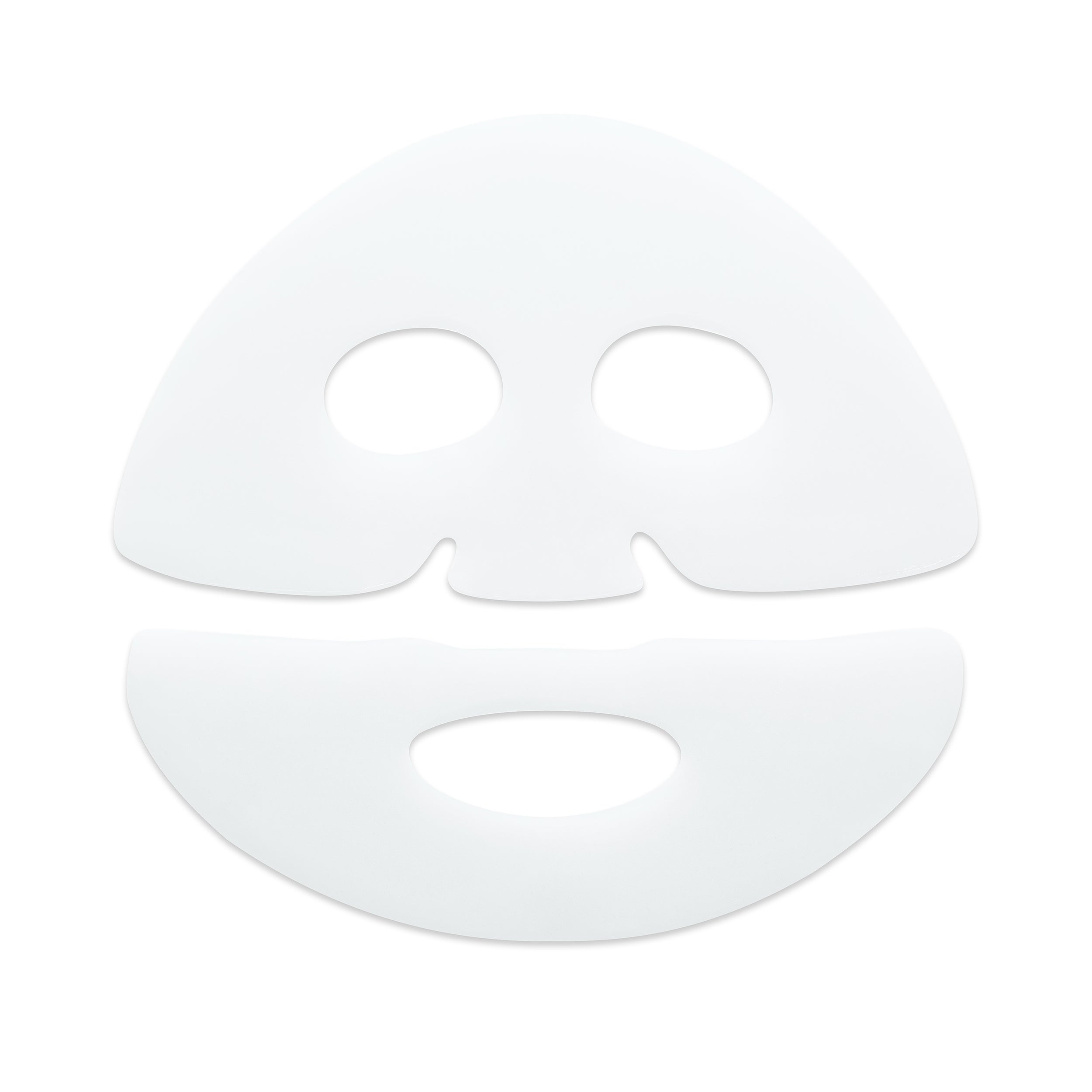 Two-piece hydrogel mask with upper and lower sections displayed to show the full mask design