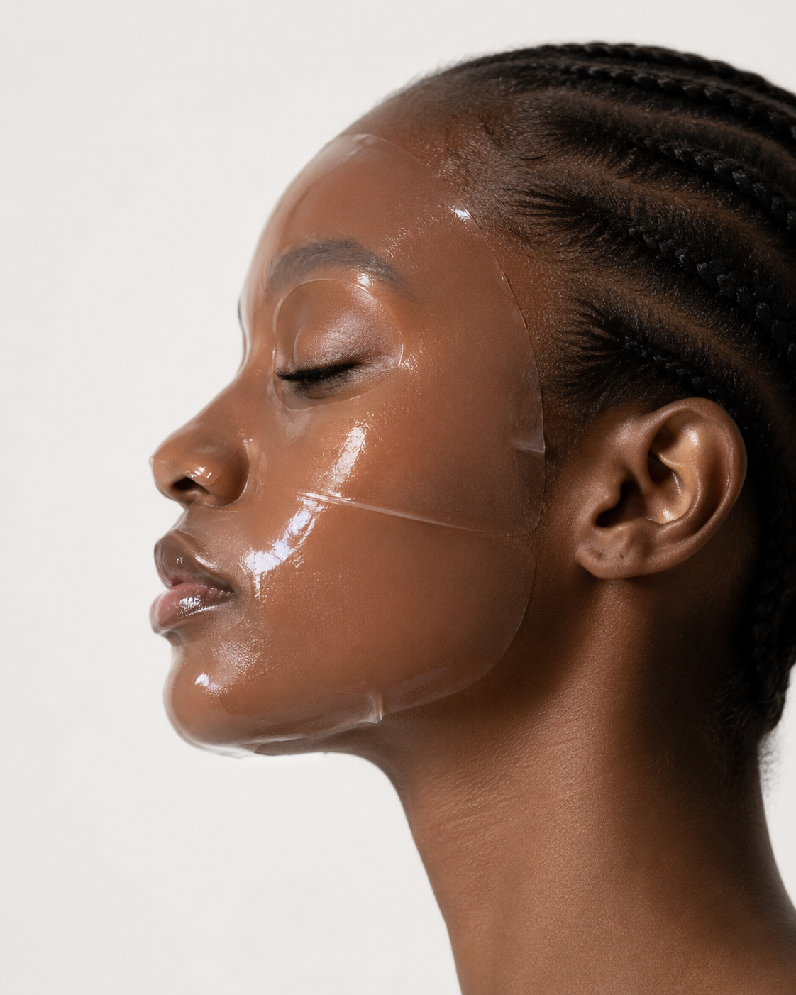 Side profile of a woman wearing a transparent hydrogel sheet mask