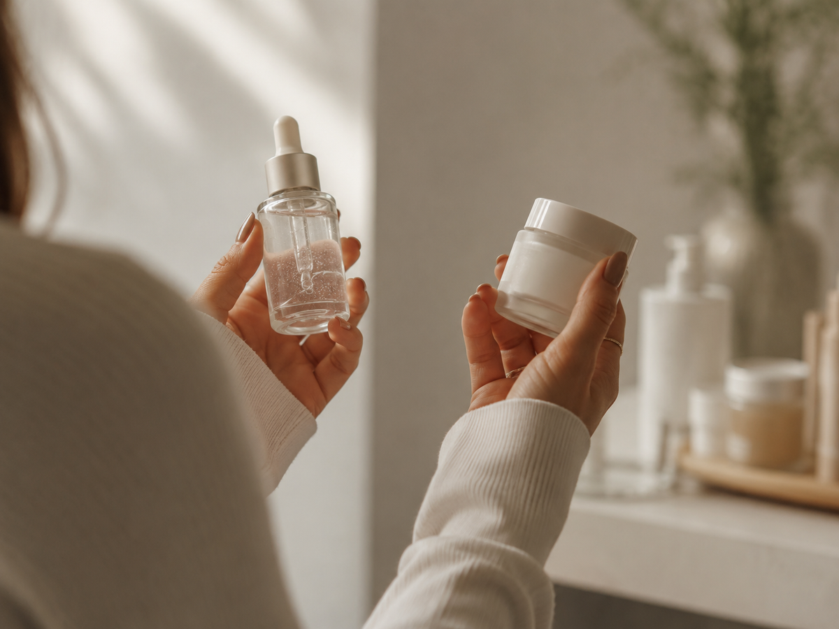 A person comparing a facial serum and moisturizer during a daily skincare routine for healthy, hydrated skin