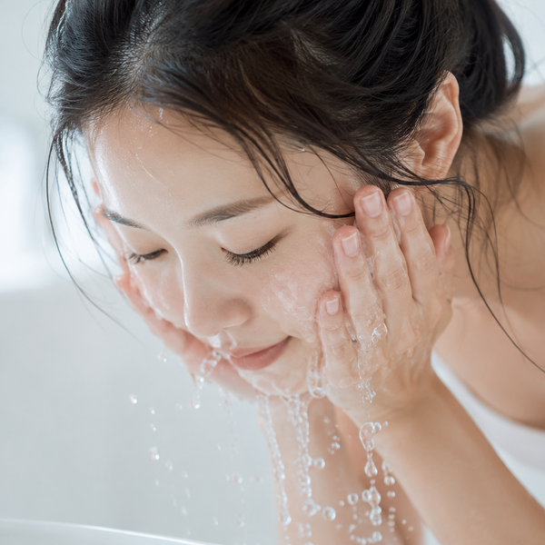 A woman gently cleansing her face with water as the first step of her skincare routine