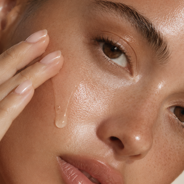 Close-up of a clear serum being applied to the cheek for intensive skincare treatment