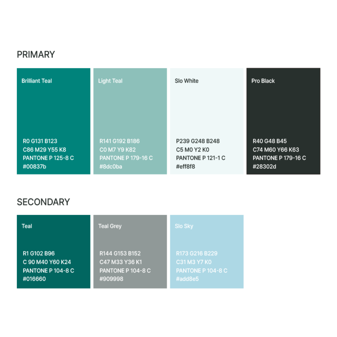 SLOAID skincare brand colors featuring Brilliant Teal, Light Teal, Slo White and Pro Black