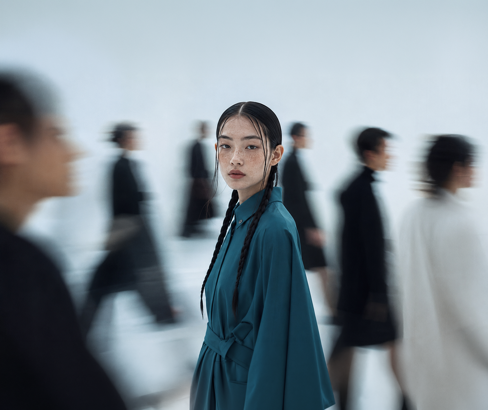 A young woman stands still as blurred crowds move around her